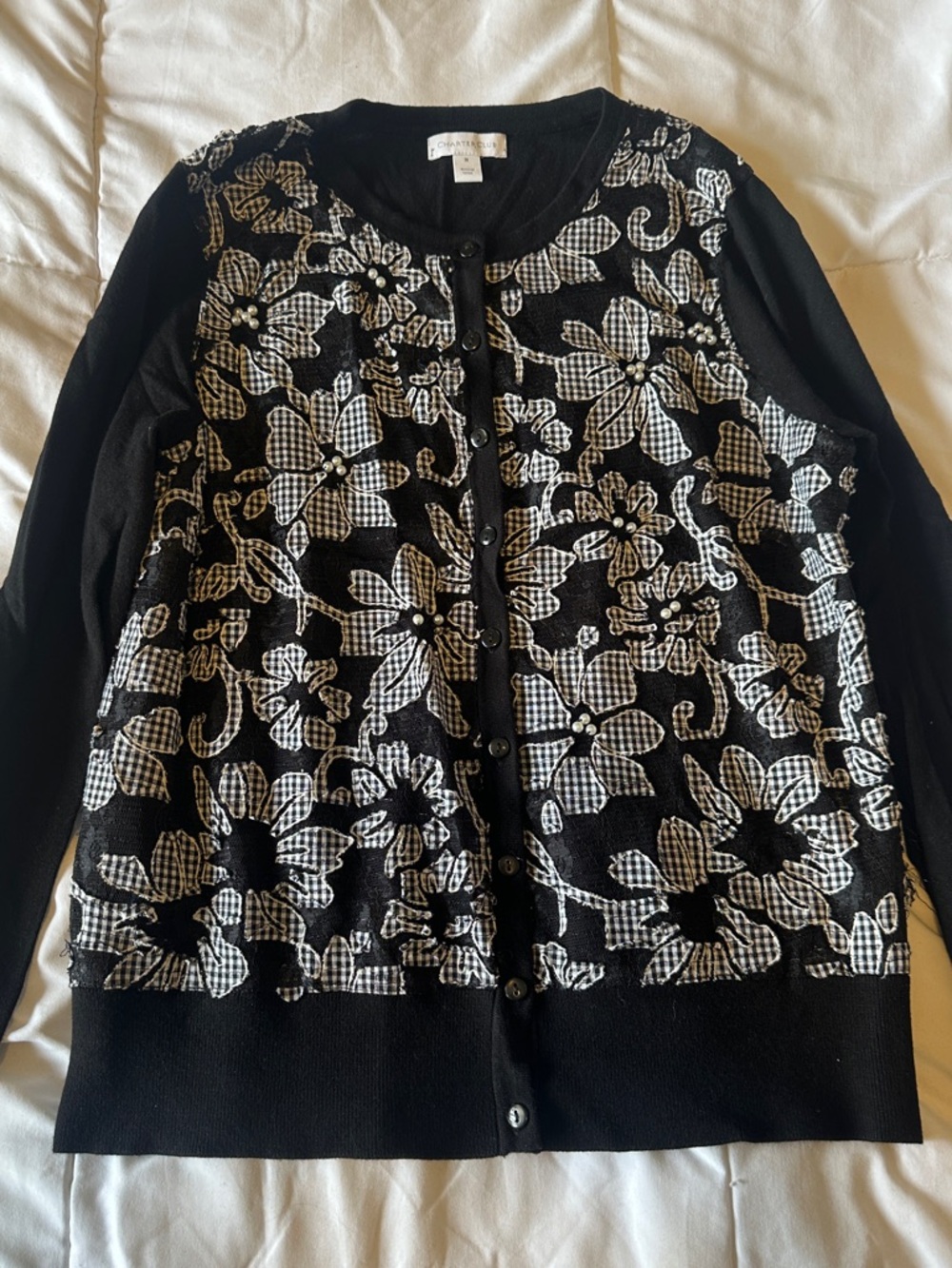 Charter Club Black Cardigan with Monochrome Gingham Floral Trim